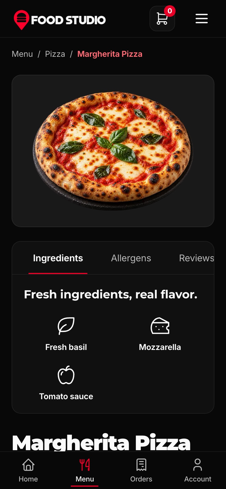 Dish page on a phone, dark theme
