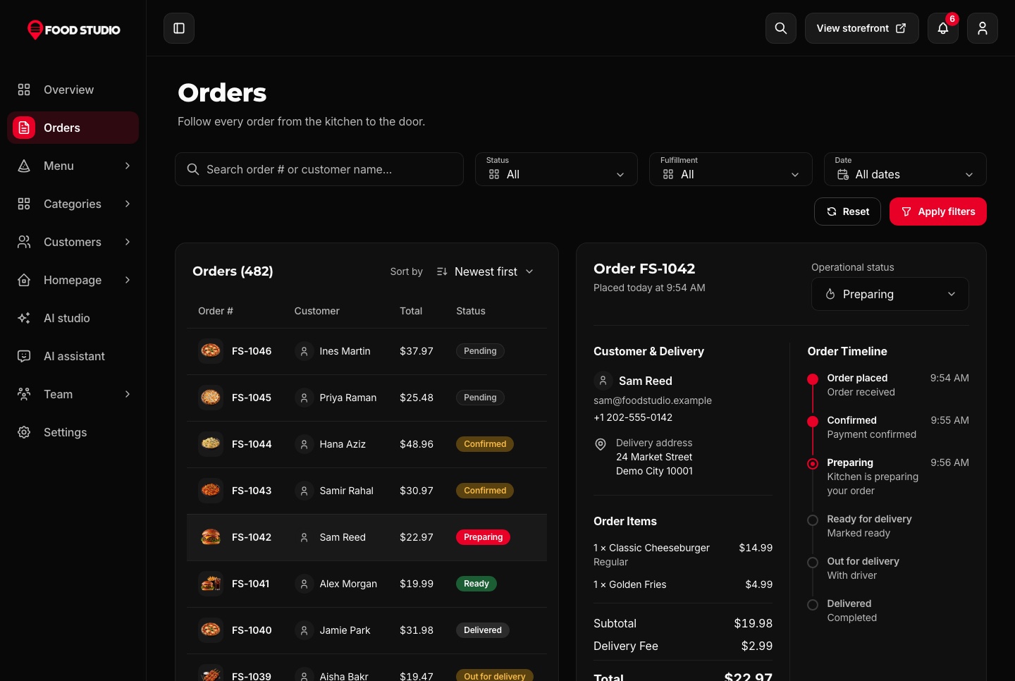 Orders with the timeline of the selected order, dark theme