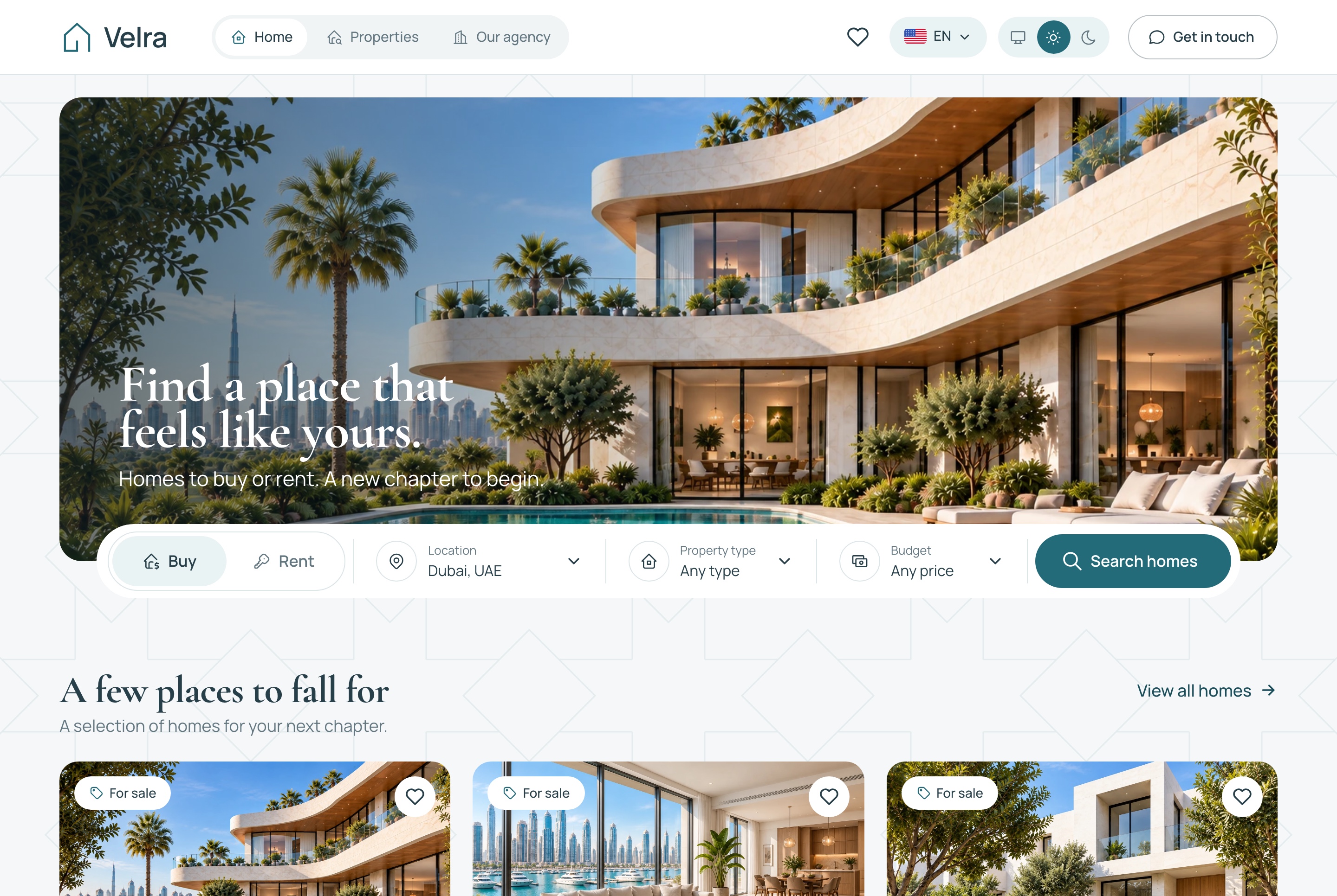 Home: the hero, its search and popular areas, light theme