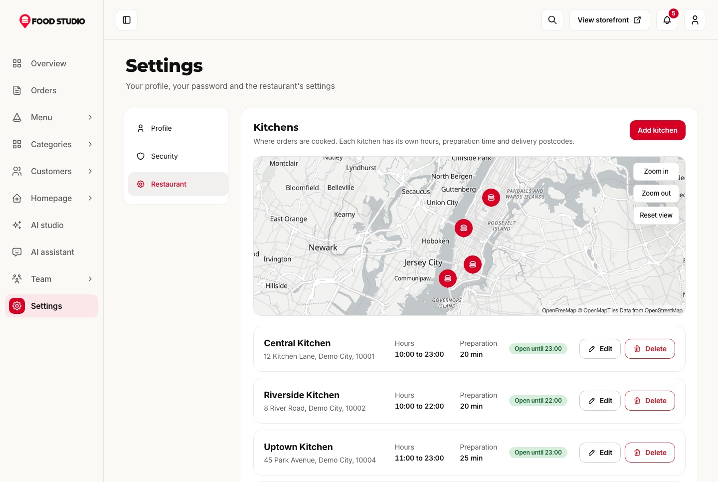 Settings: kitchens on a map, light theme