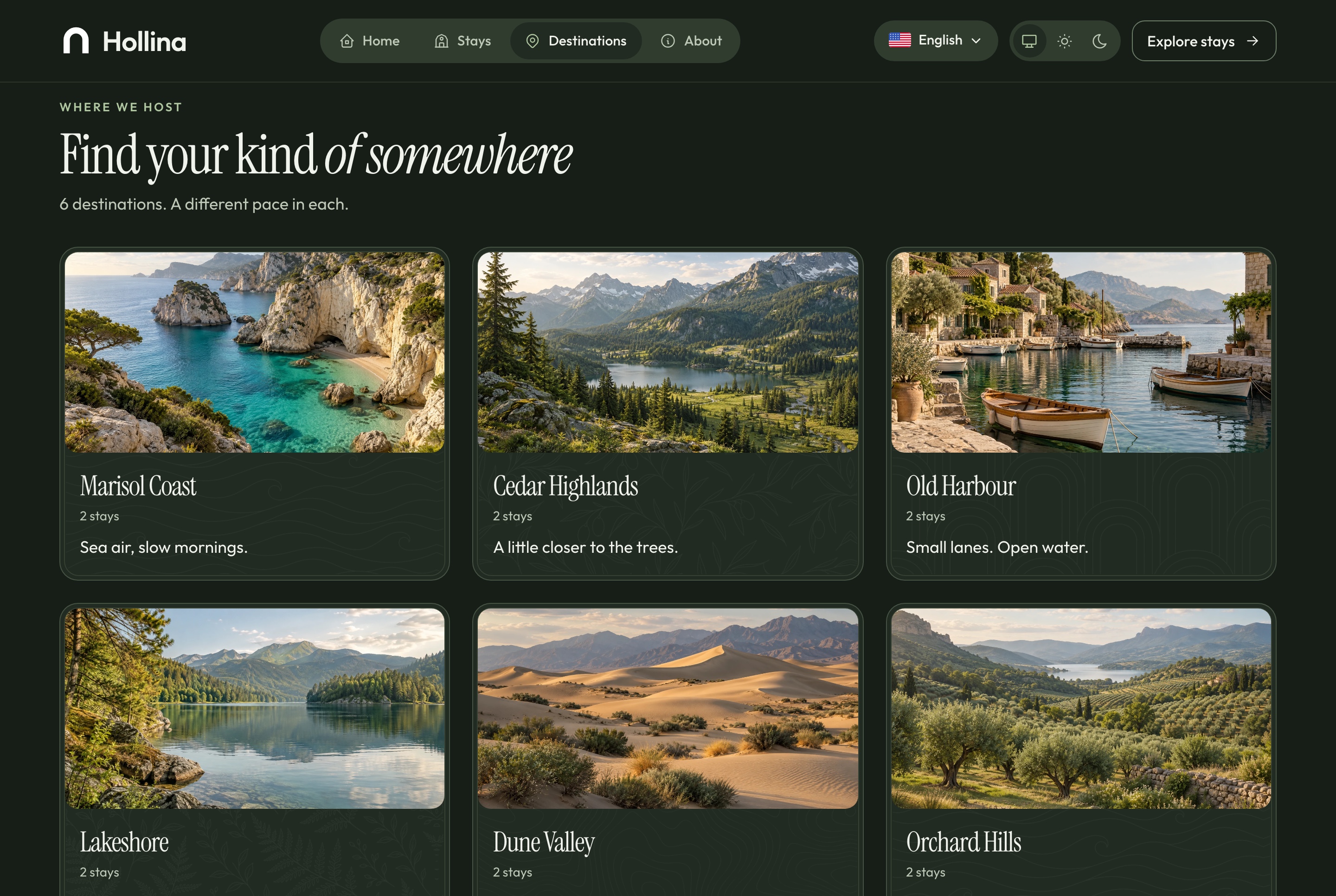 Destinations, dark theme