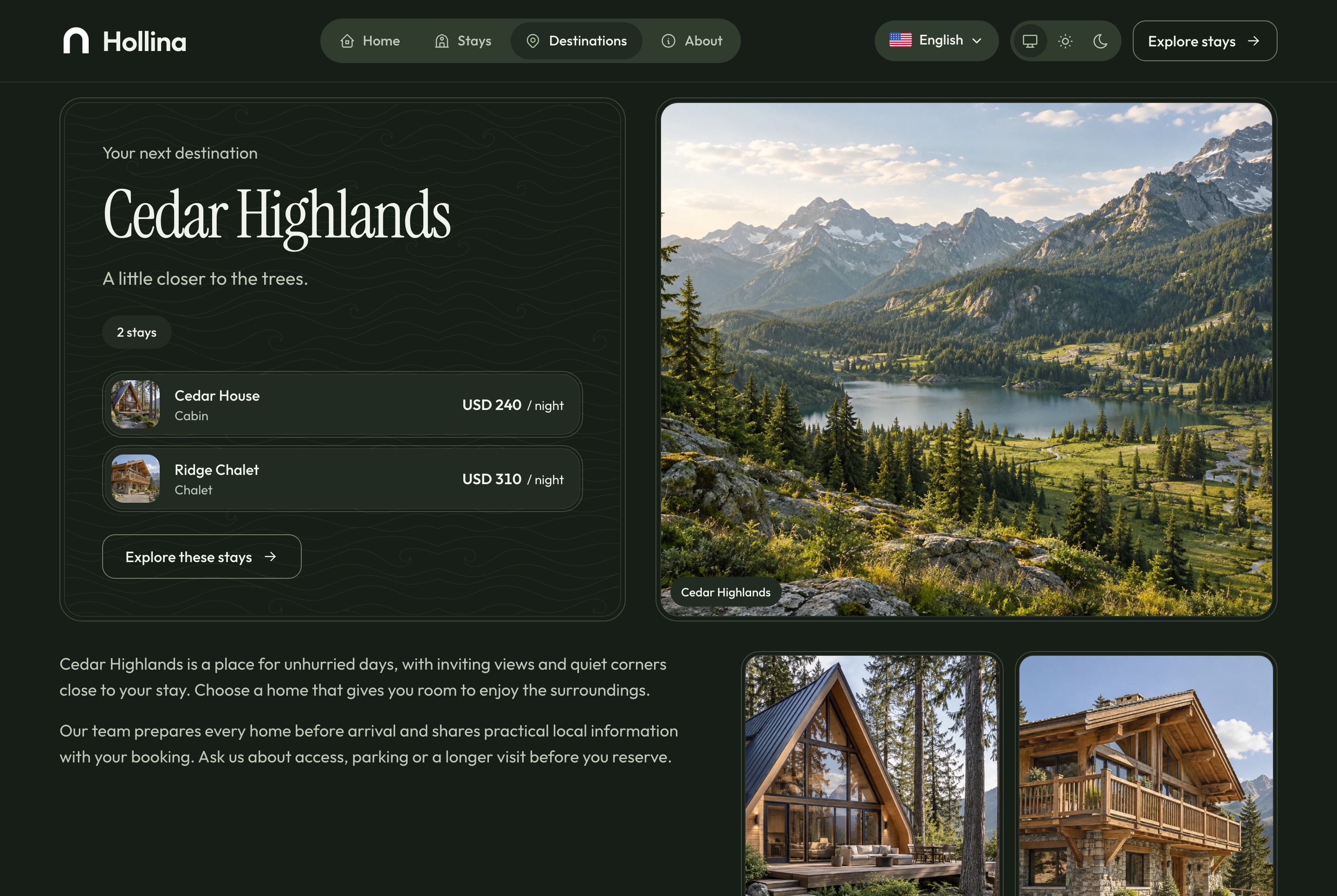 Destination page, dark theme