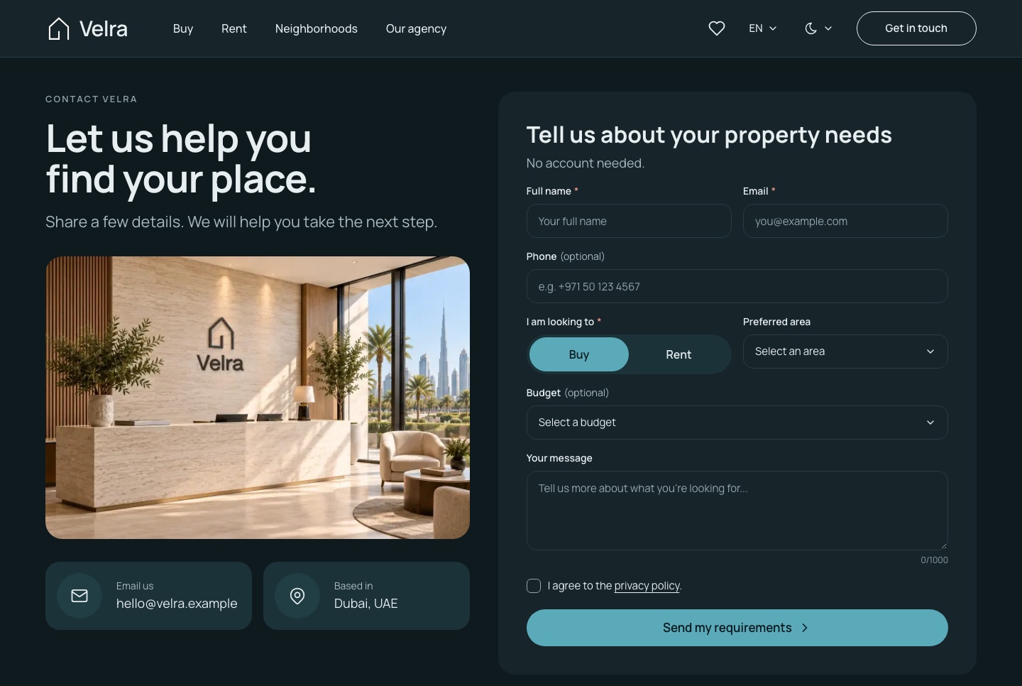 Contact and requirements form, dark theme