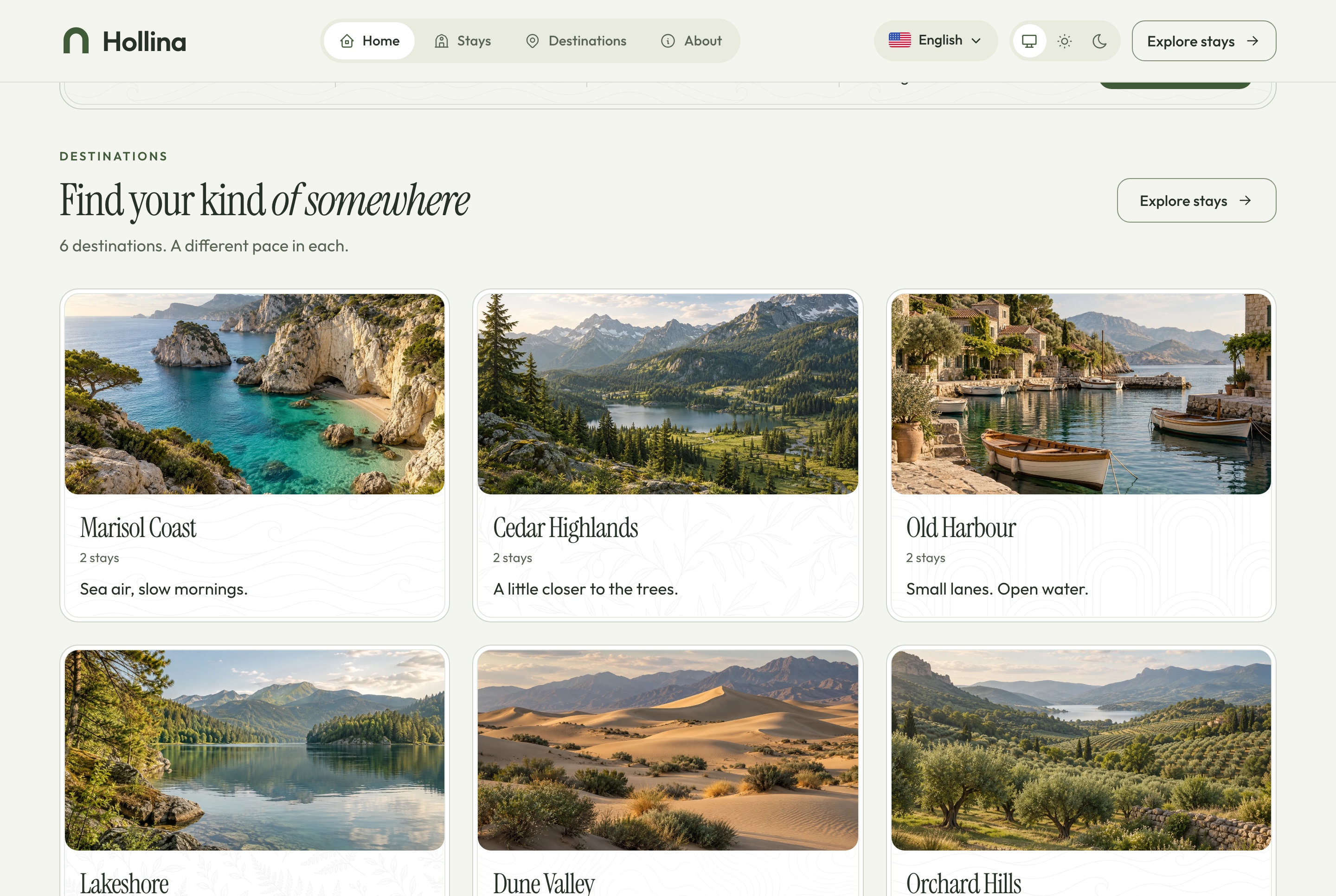 Home: destinations, light theme
