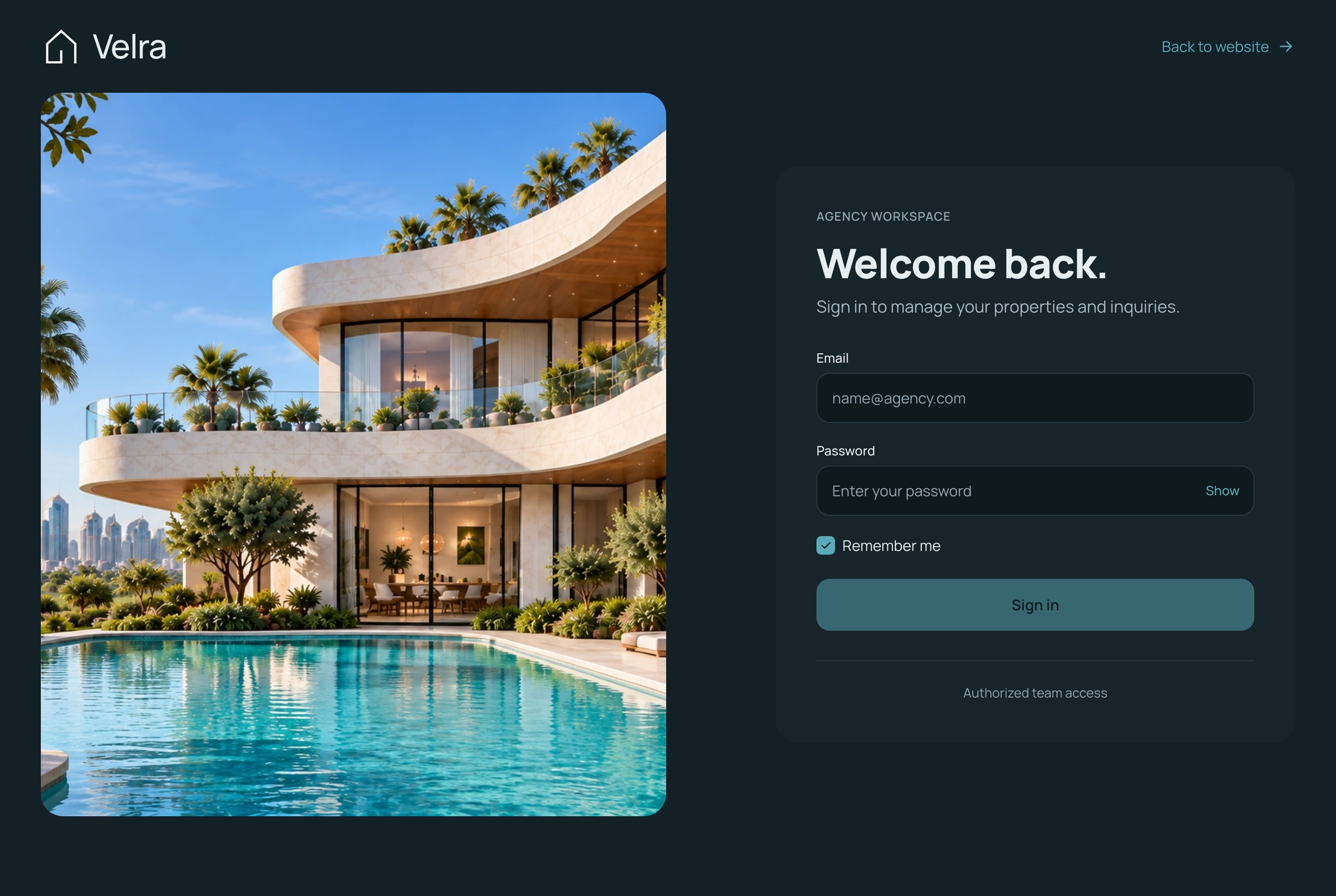 Agency sign-in, dark theme
