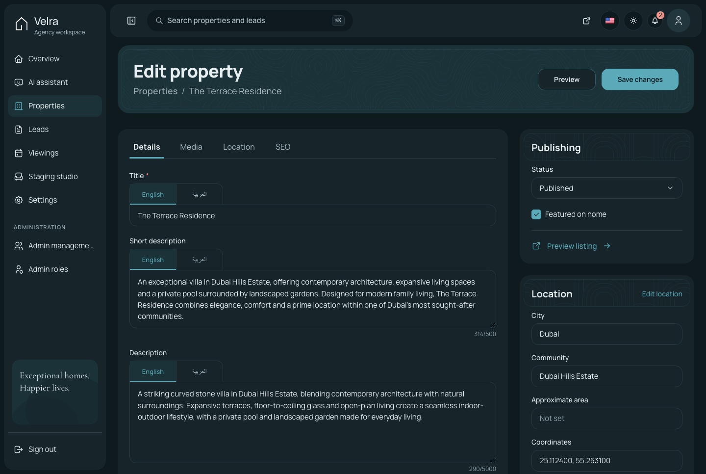 Property editor, dark theme