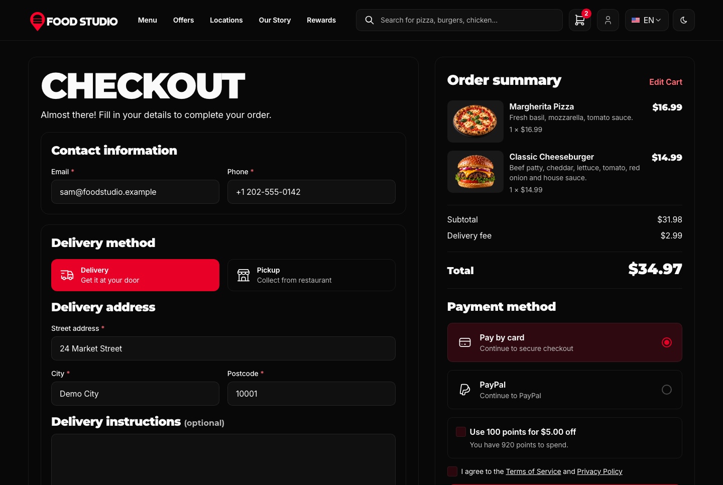 Checkout with hosted payment, dark theme
