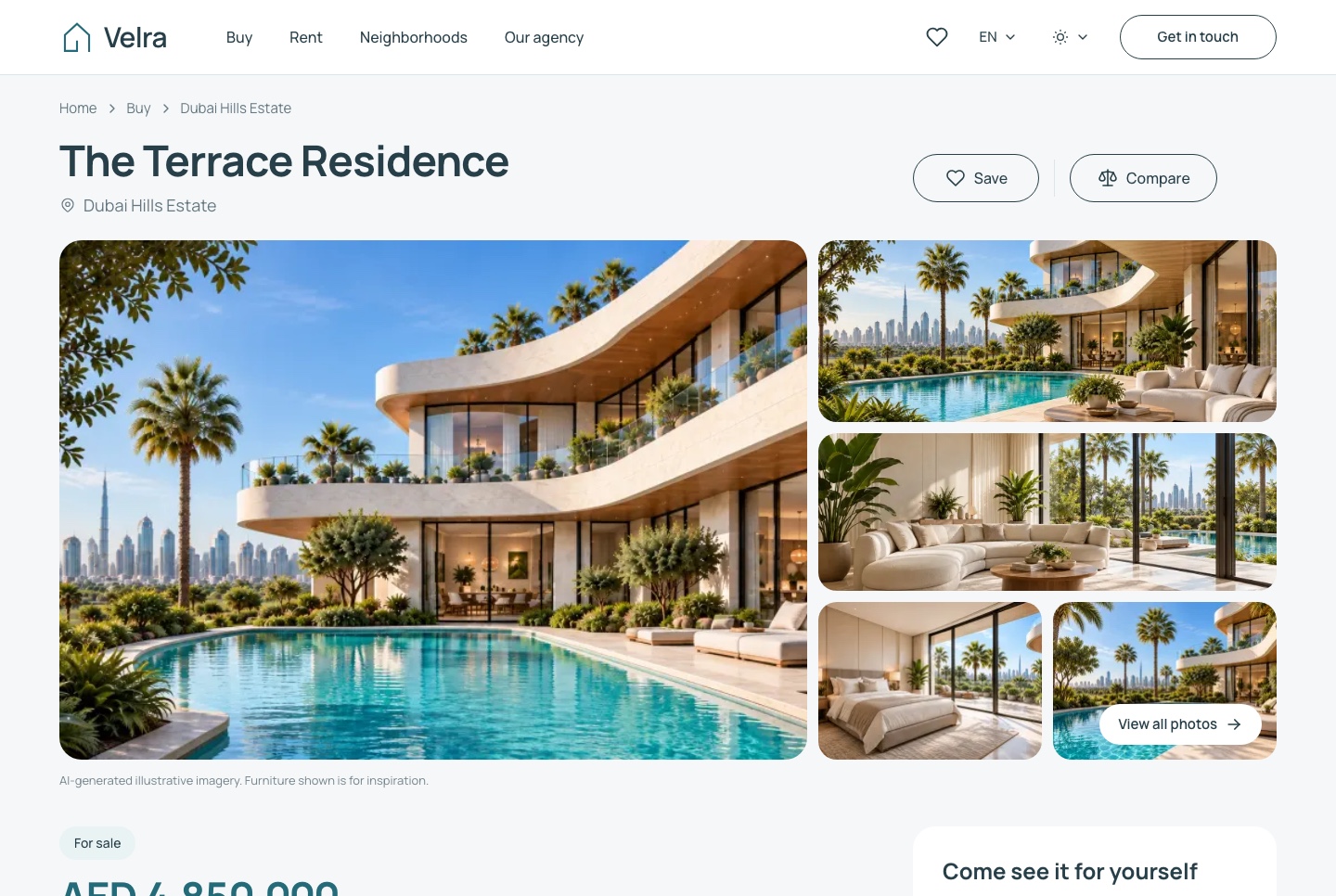 Property detail: gallery, facts, price, viewing card, light theme