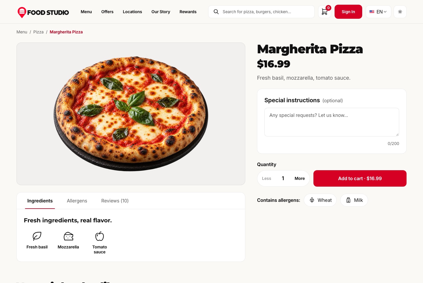 Dish page with instructions, quantity and allergens, light theme