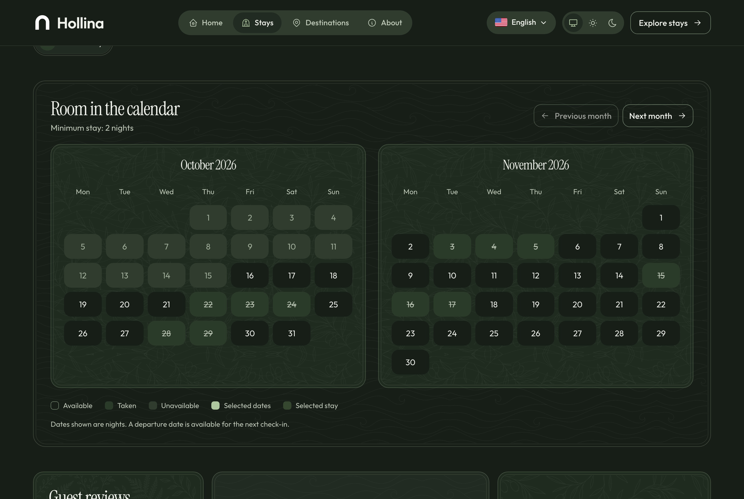 Stay page: availability calendar, dark theme
