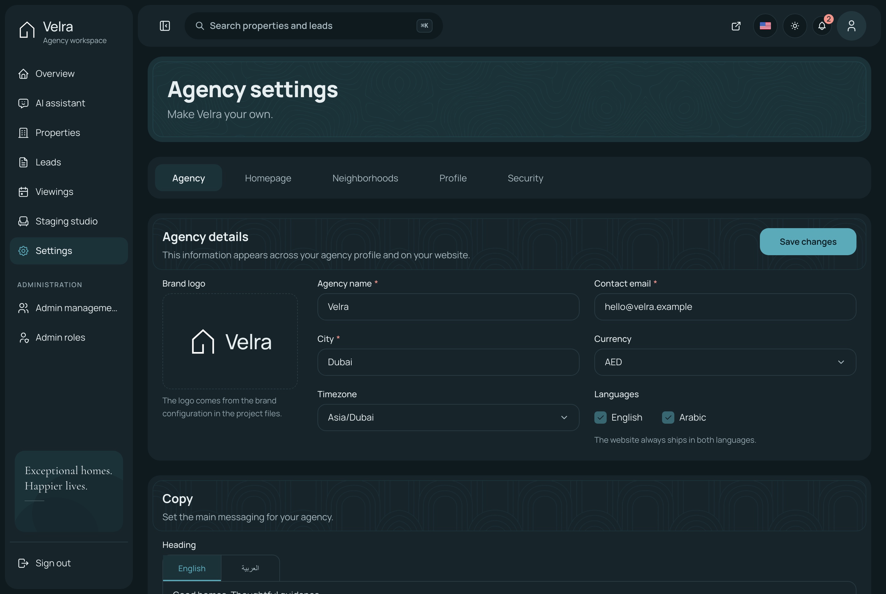 Settings, dark theme