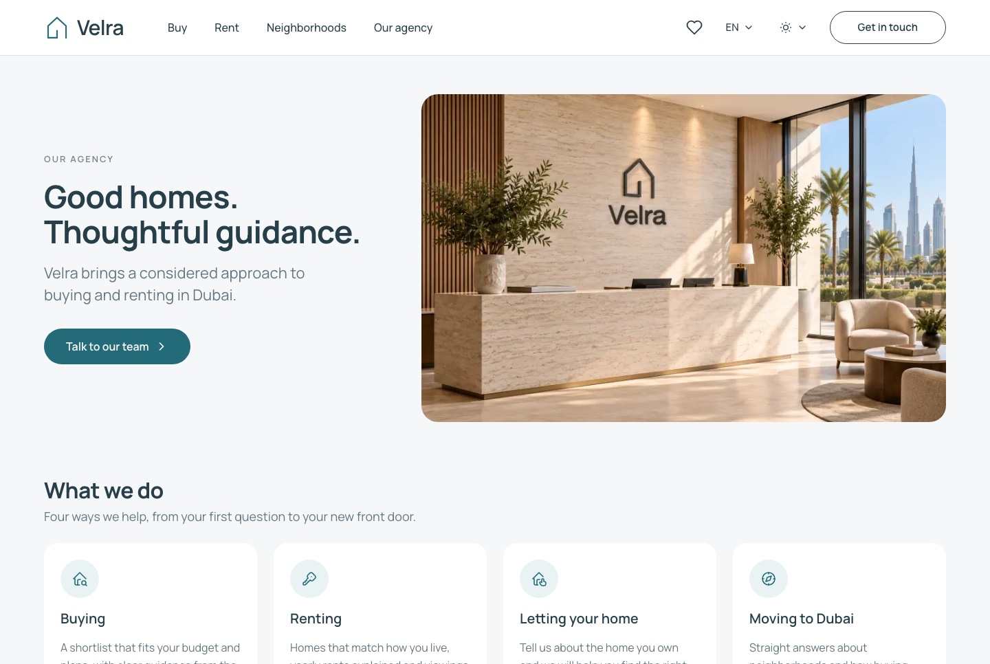 The agency page, light theme