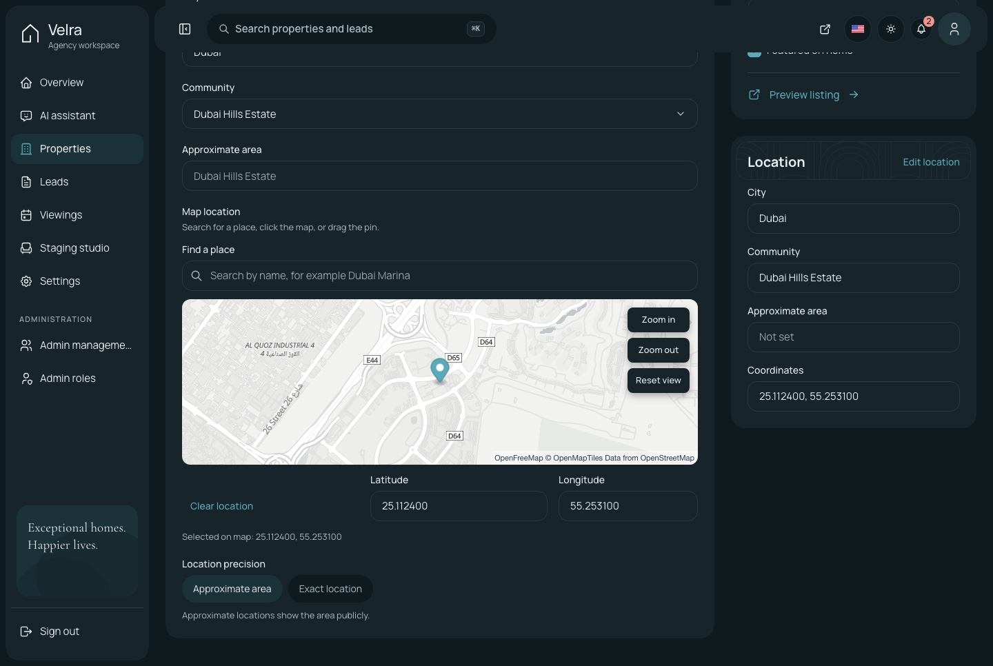 The listing's place on the map, dark theme