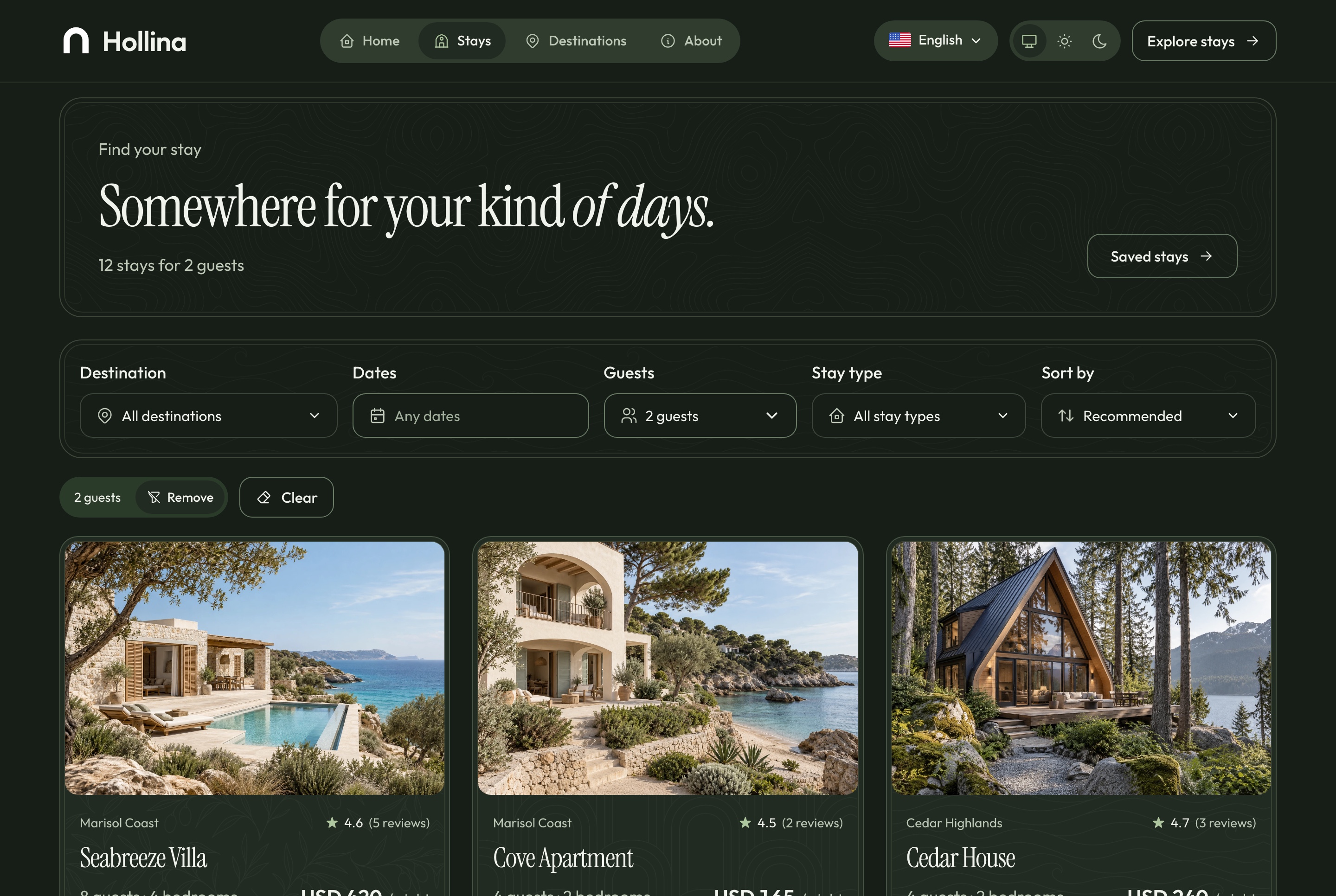 Stays list, dark theme