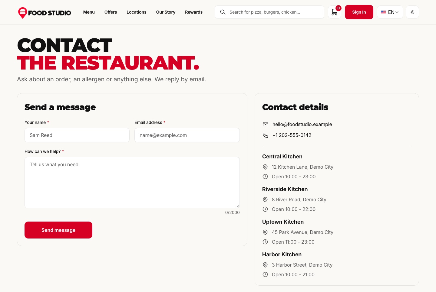 Contact form and kitchen hours, light theme