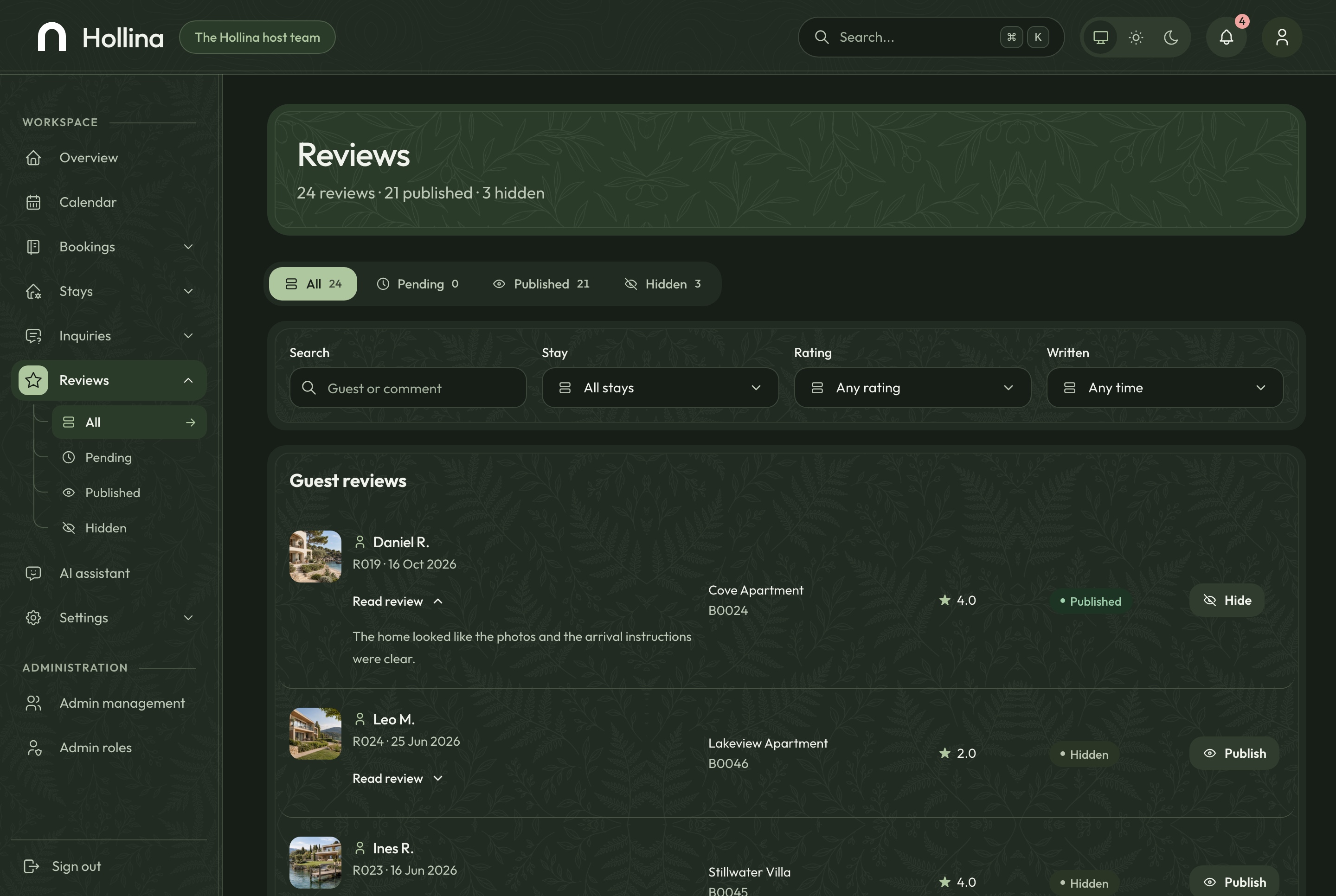 Reviews, dark theme