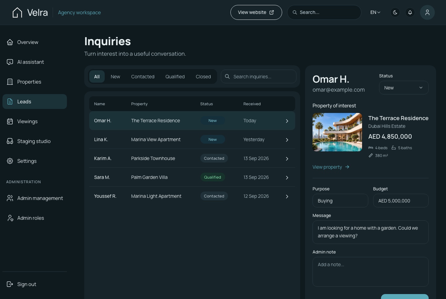 Leads with the detail panel, dark theme
