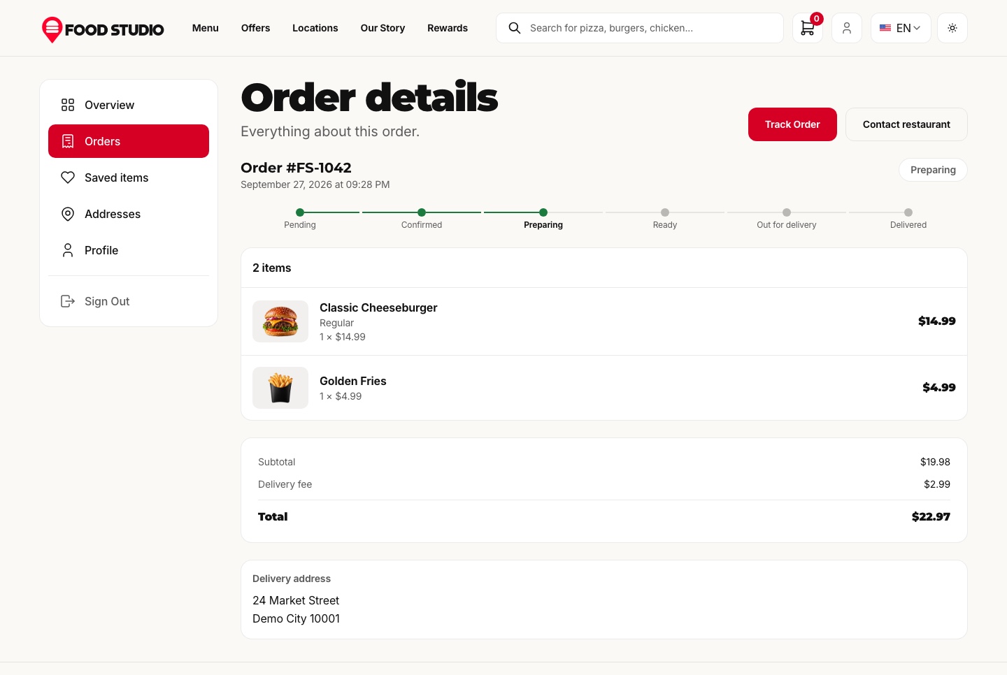 Order tracking: the order being prepared, light theme