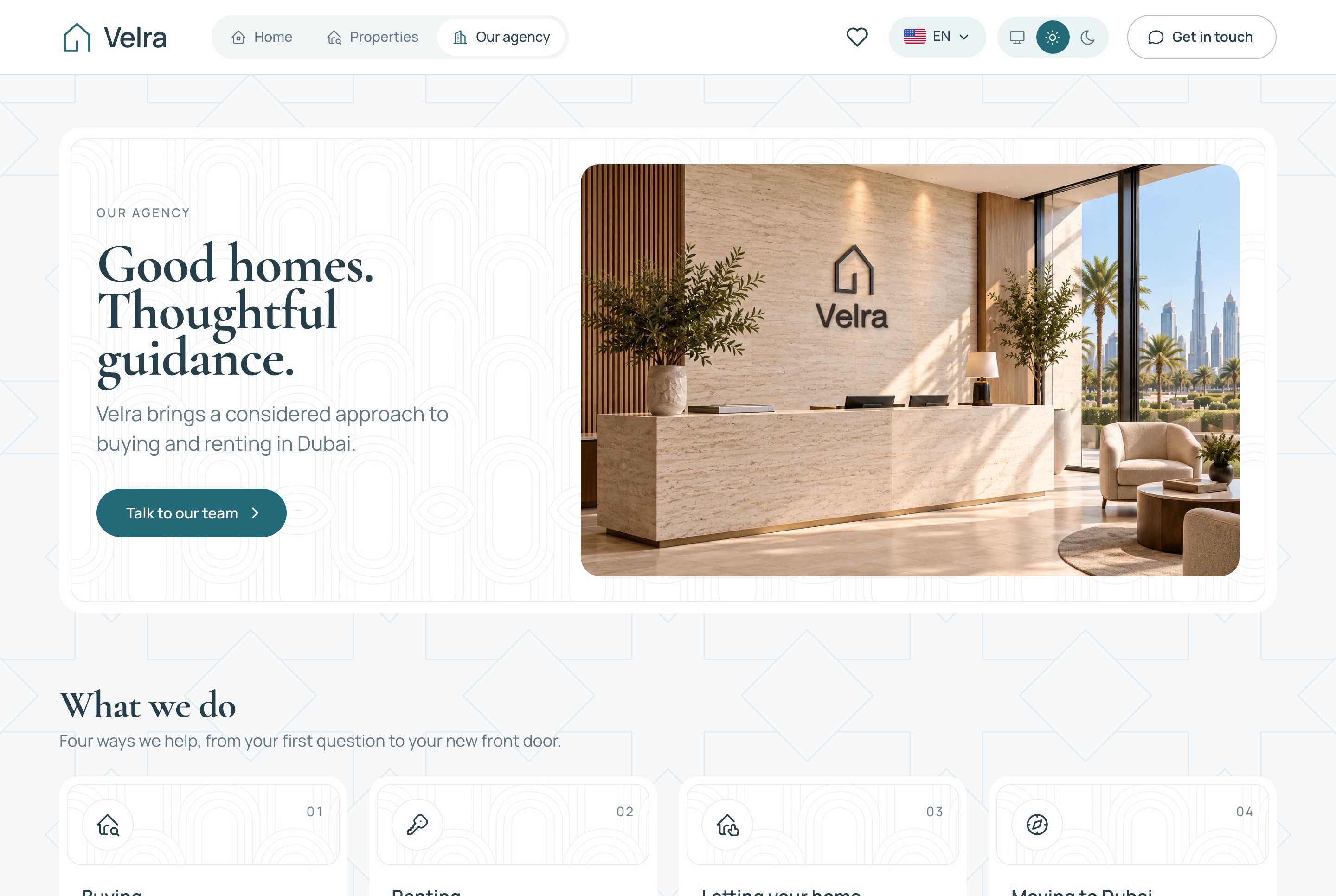 The agency page, light theme