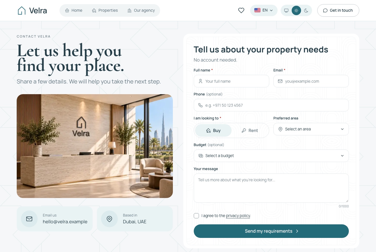Contact and requirements form, light theme