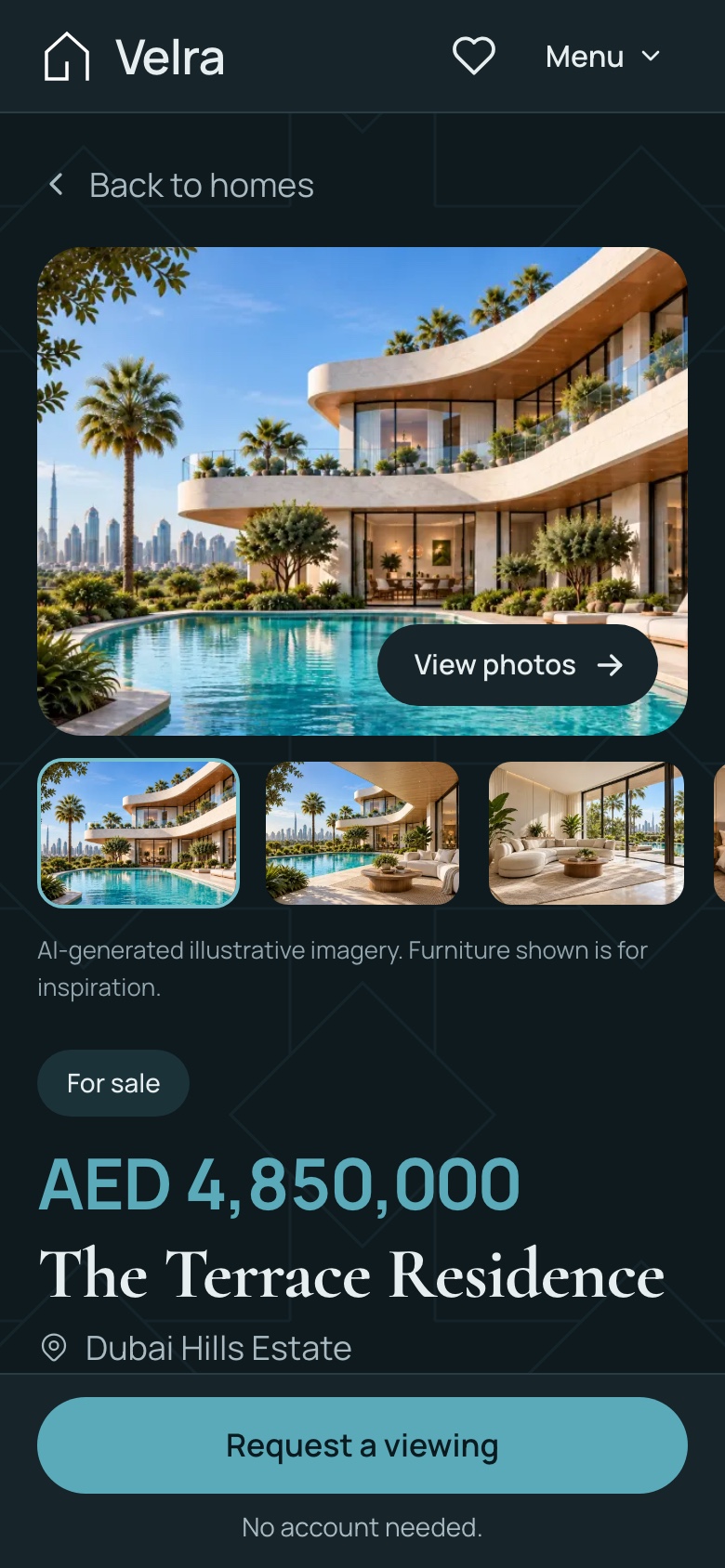 Mobile property detail with the sticky viewing bar, dark theme