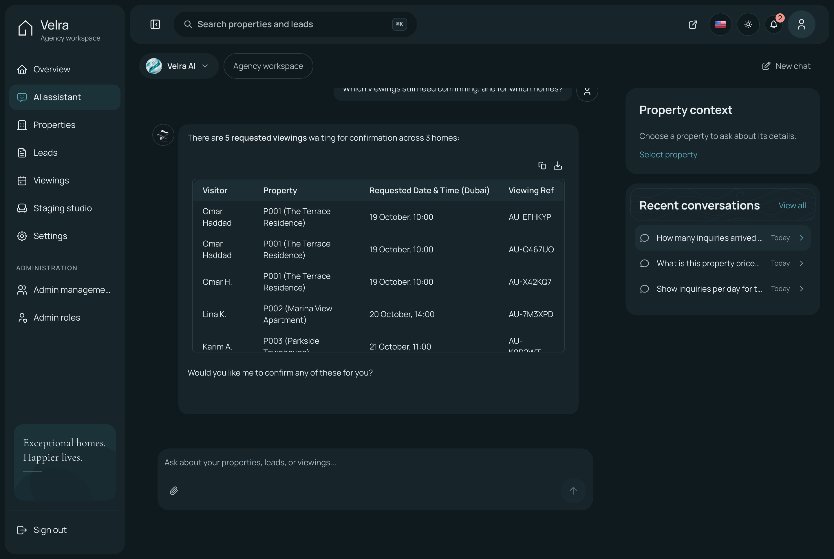The assistant in conversation, dark theme