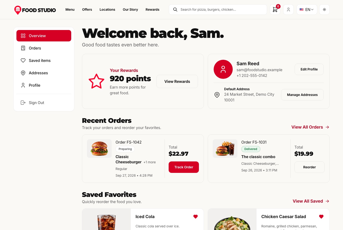 Account: reward points, recent orders, saved dishes, light theme