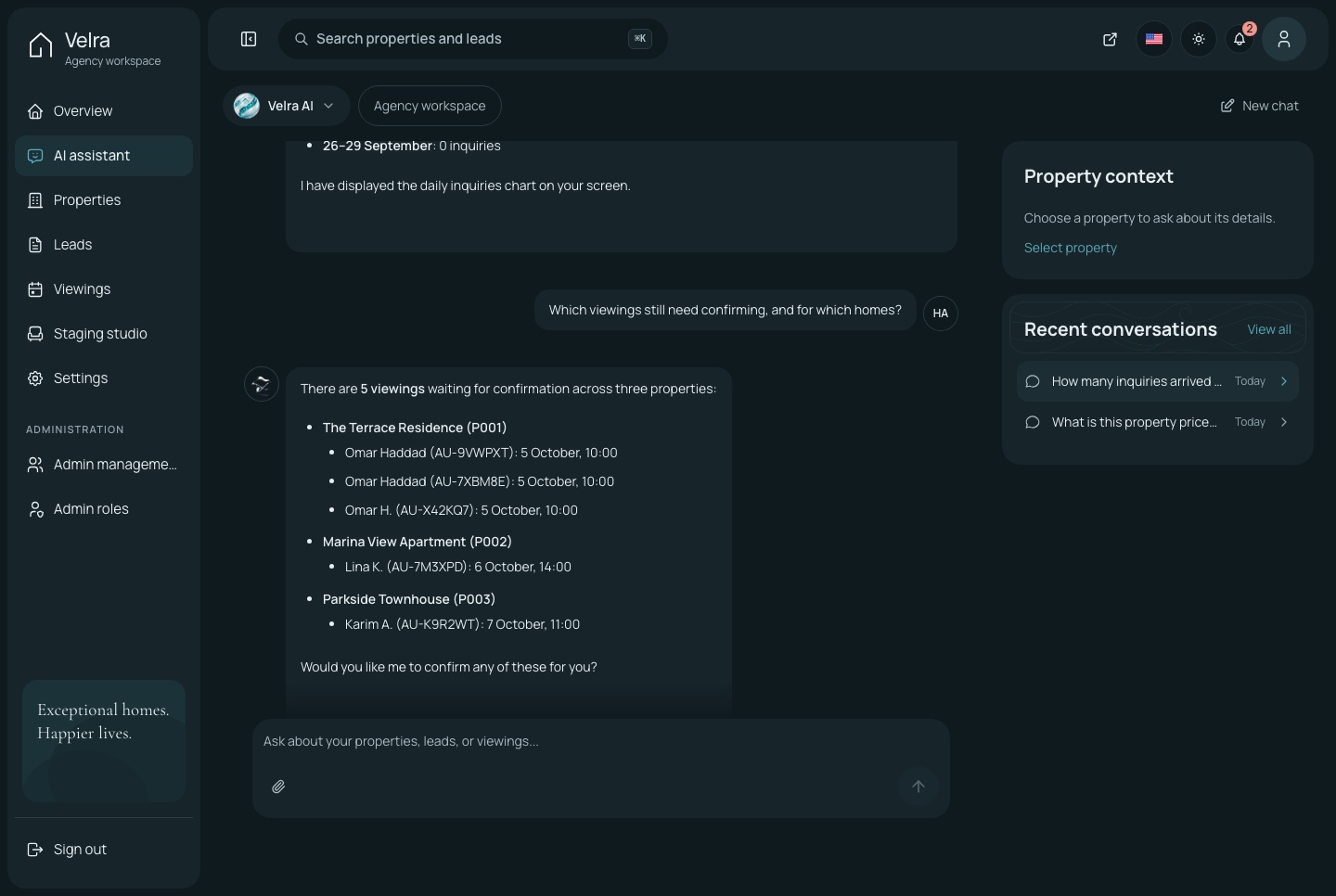 The assistant in conversation, dark theme