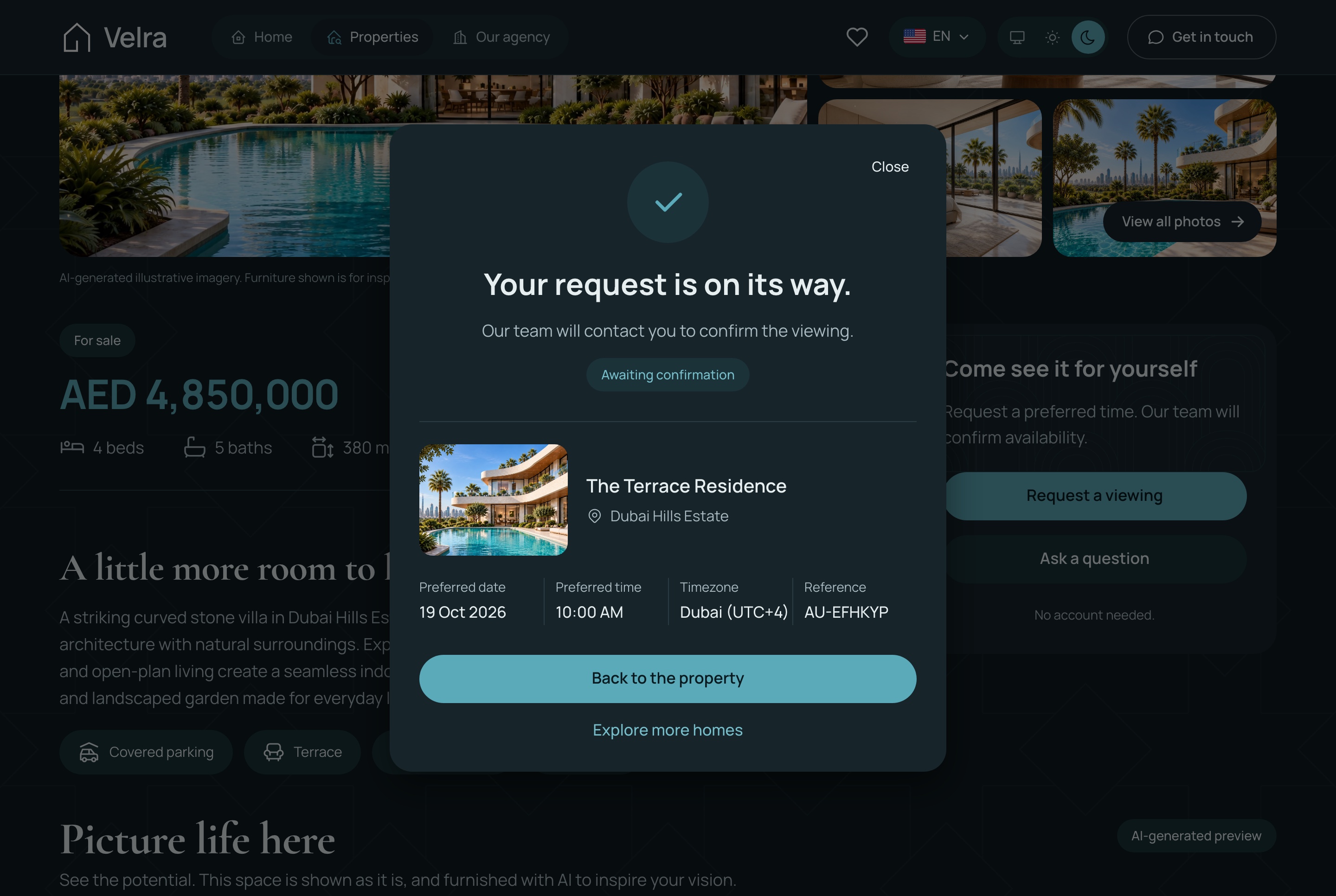 The pending confirmation state, dark theme
