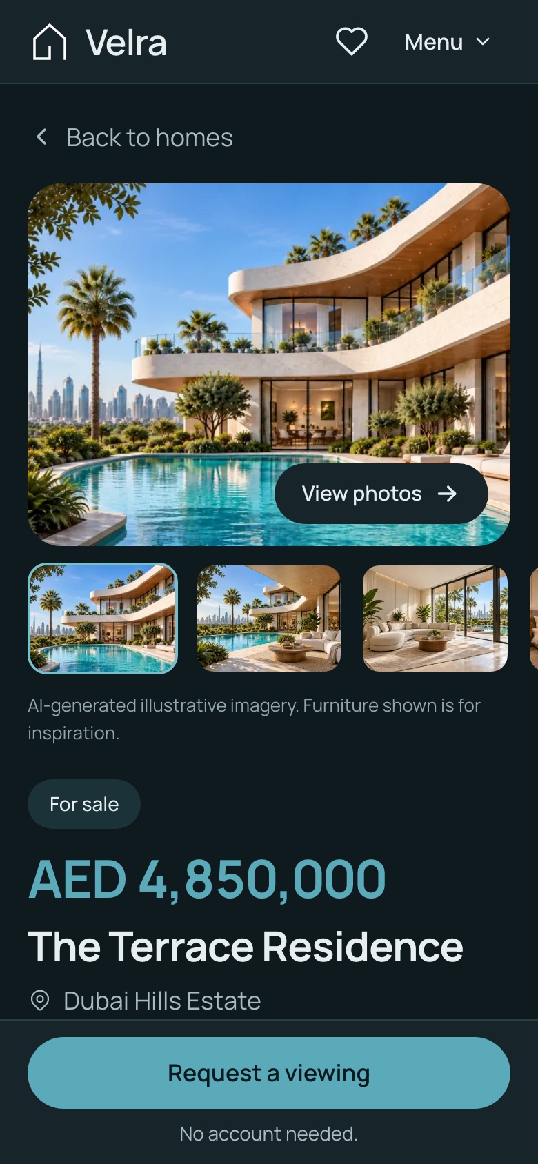 Mobile property detail with the sticky viewing bar, dark theme