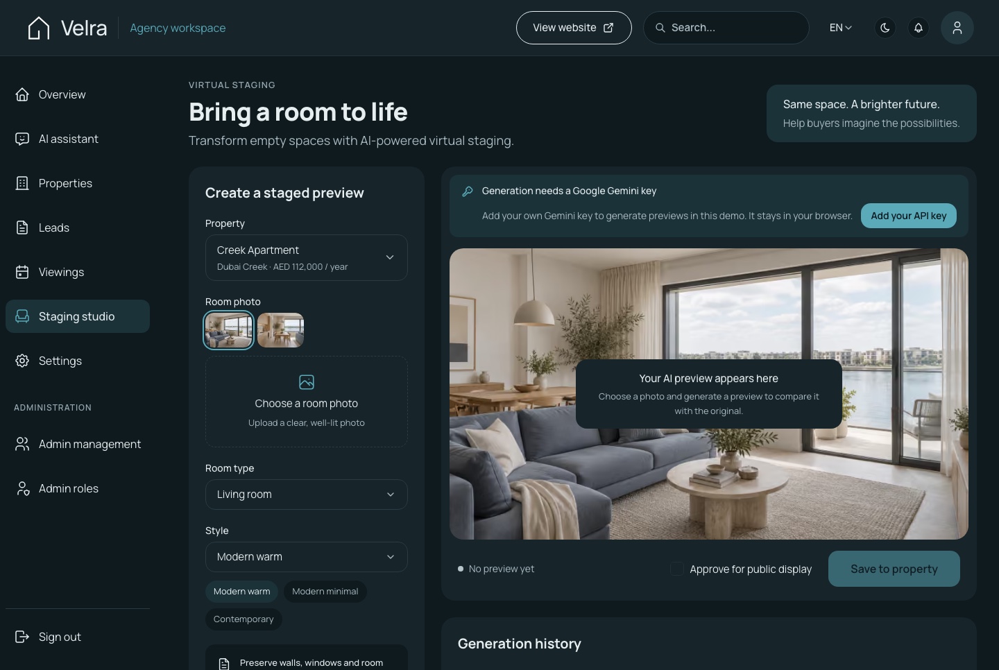 Staging studio, dark theme