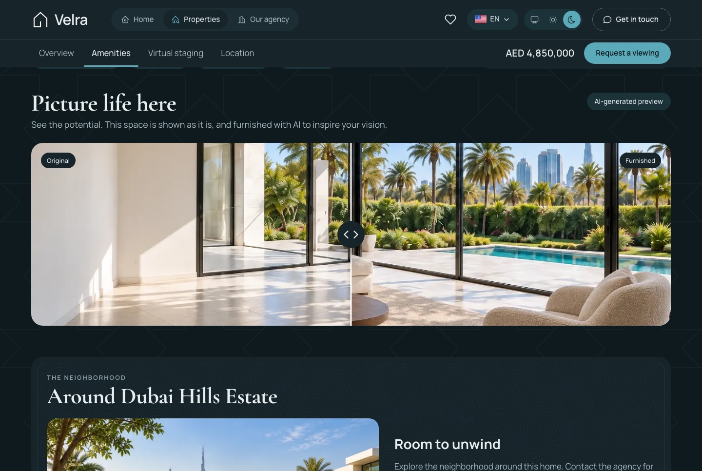 Property detail: the AI staging comparison and the area, dark theme