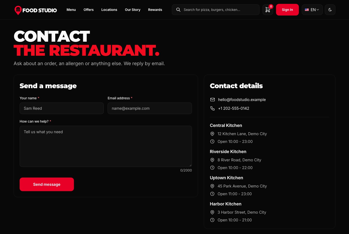Contact form and kitchen hours, dark theme