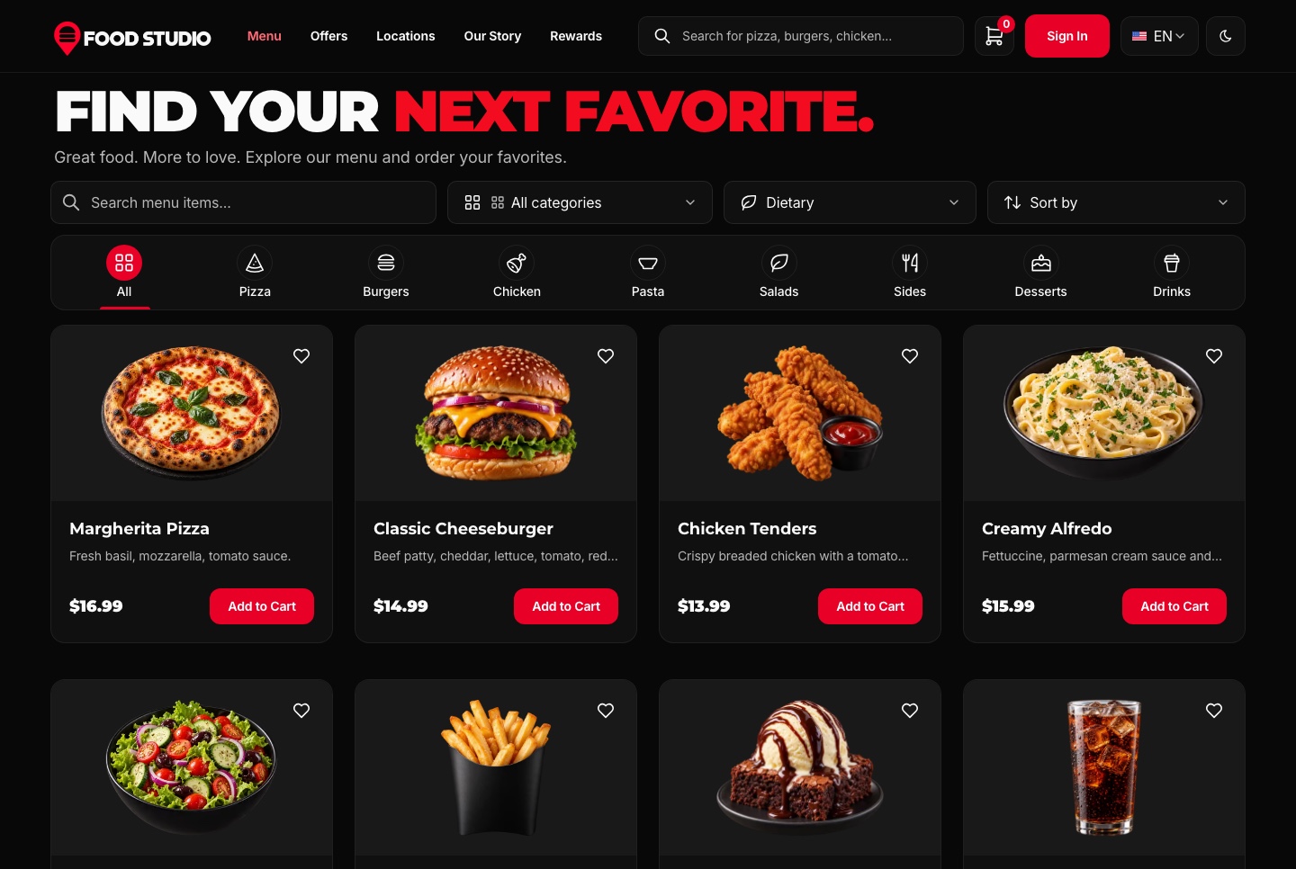 Menu with search, category, dietary and sort filters, dark theme