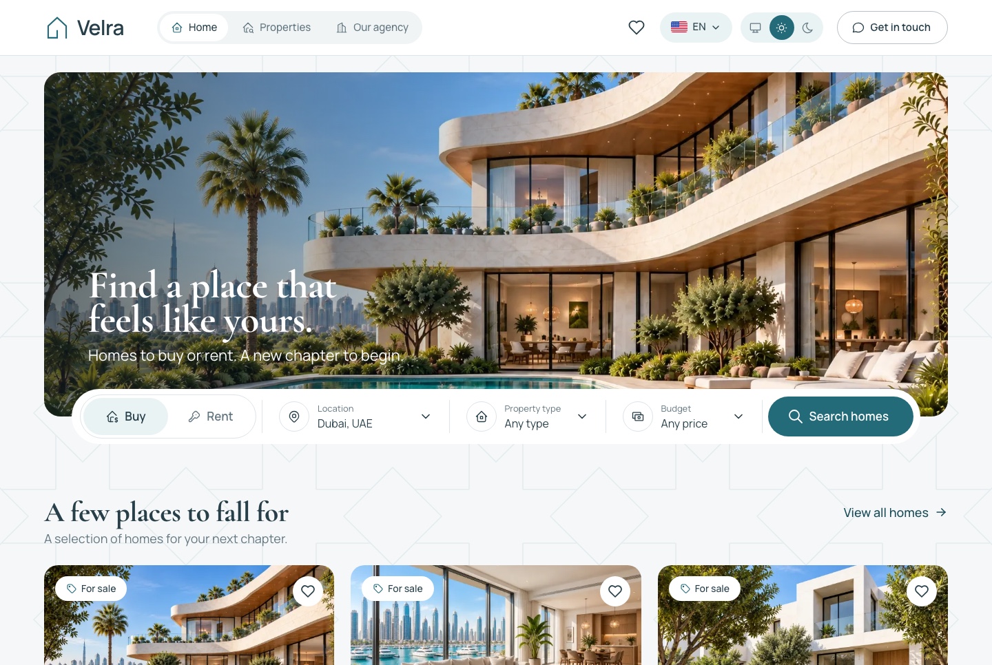 Home: the hero, its search and popular areas, light theme