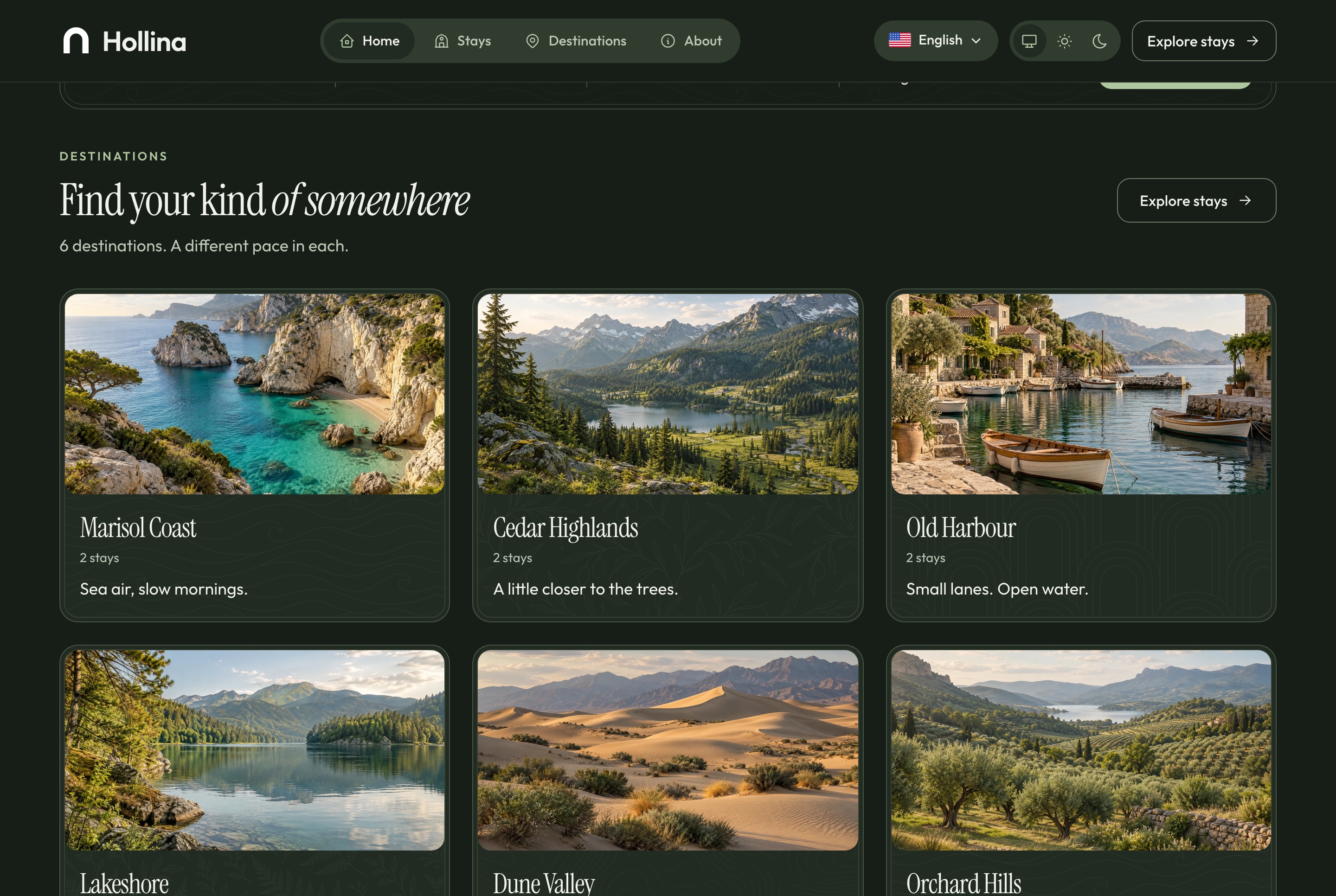 Home: destinations, dark theme
