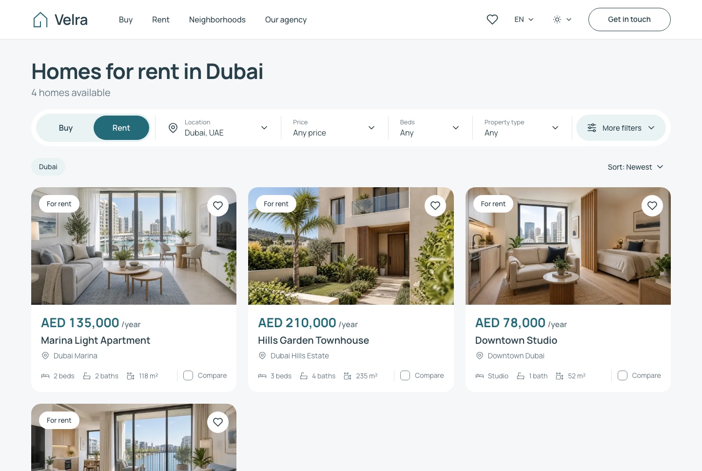 Annual rentals, priced per year, light theme