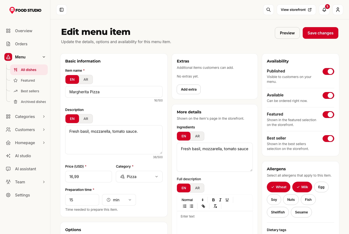 Menu item editor, bilingual, light theme