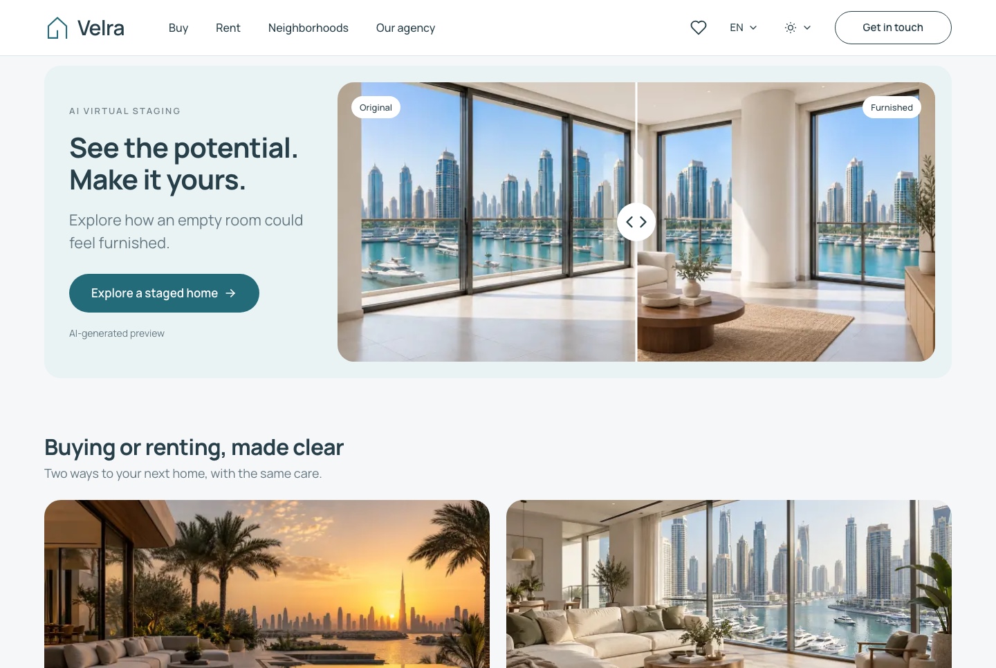 Home: virtual staging preview, buying or renting, light theme