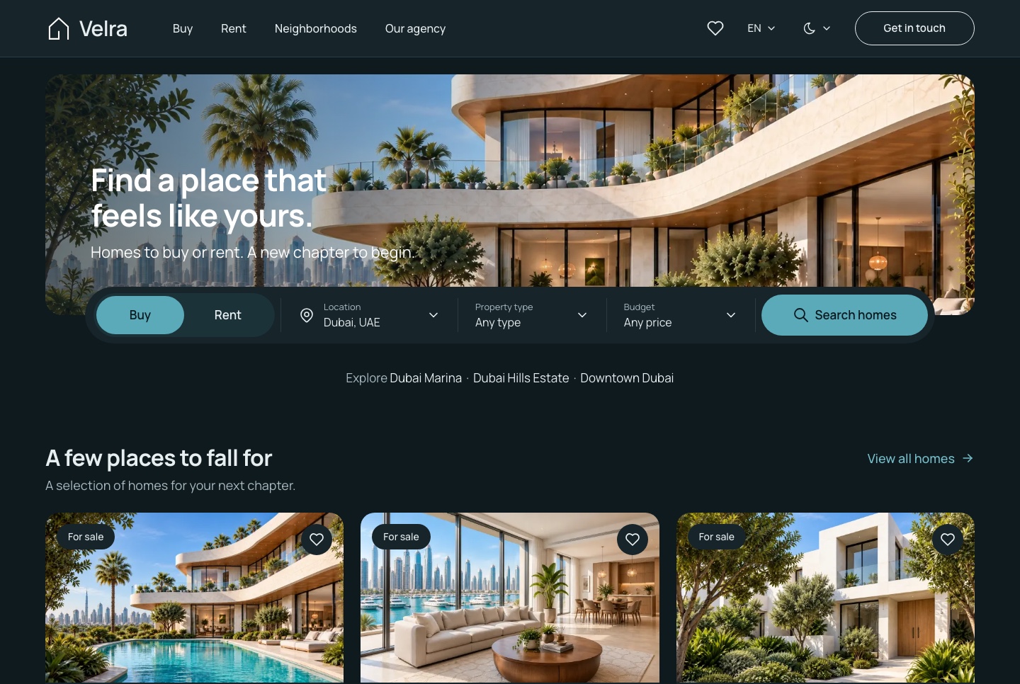 Home: hero search, featured homes, dark theme