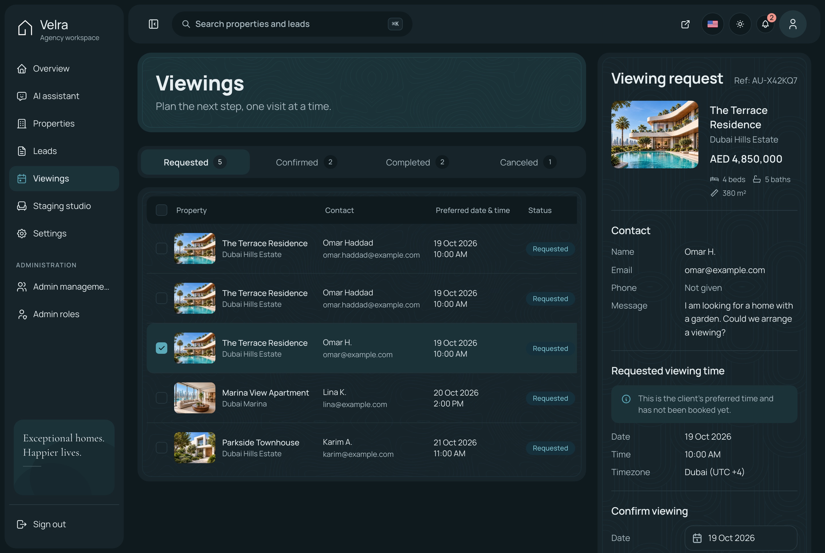 Viewings, dark theme