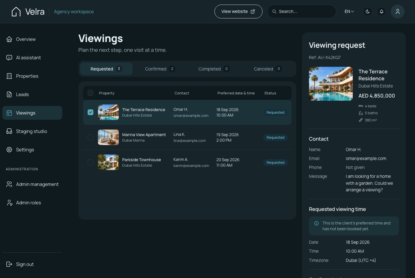 Viewings, dark theme