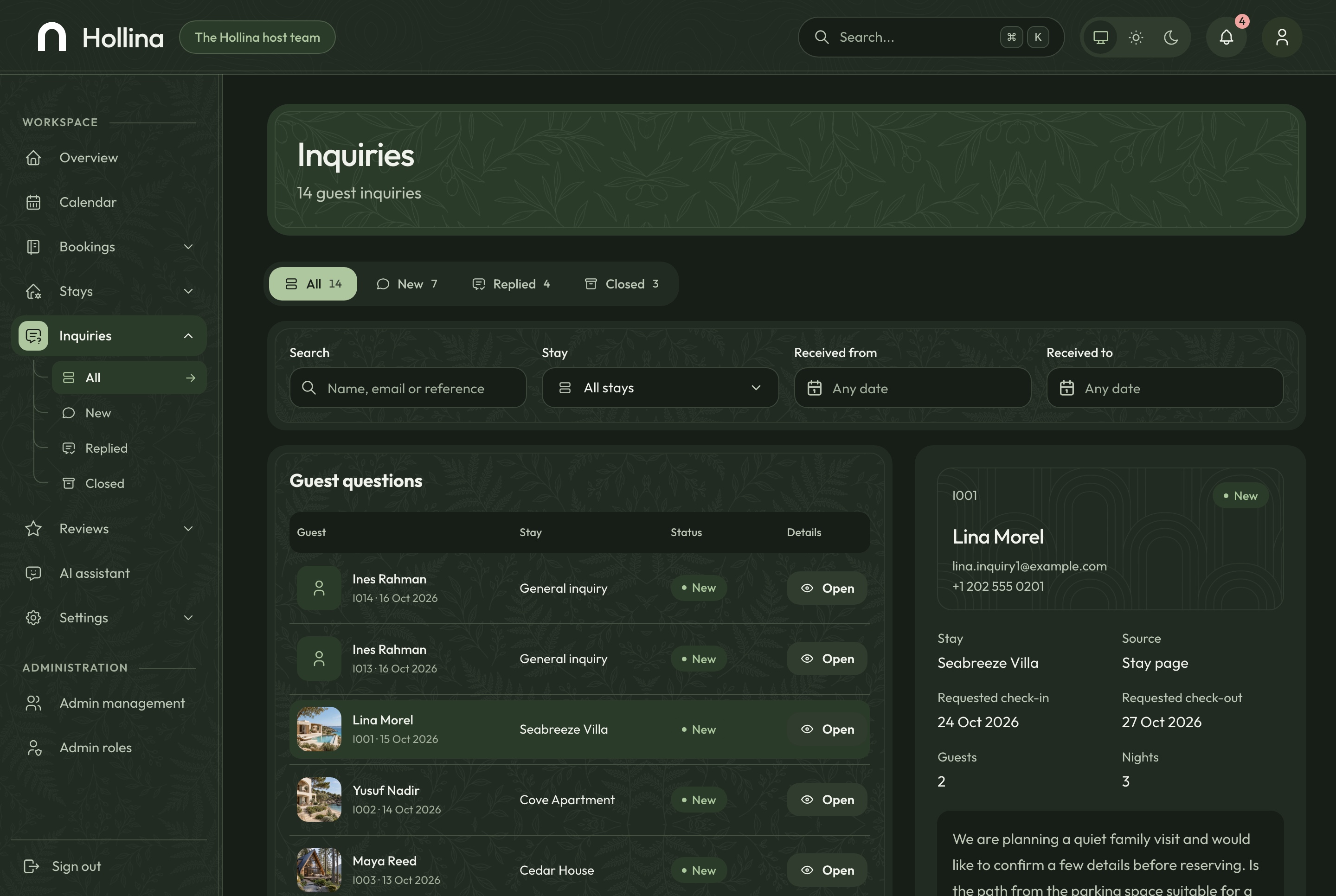 Inquiries, dark theme