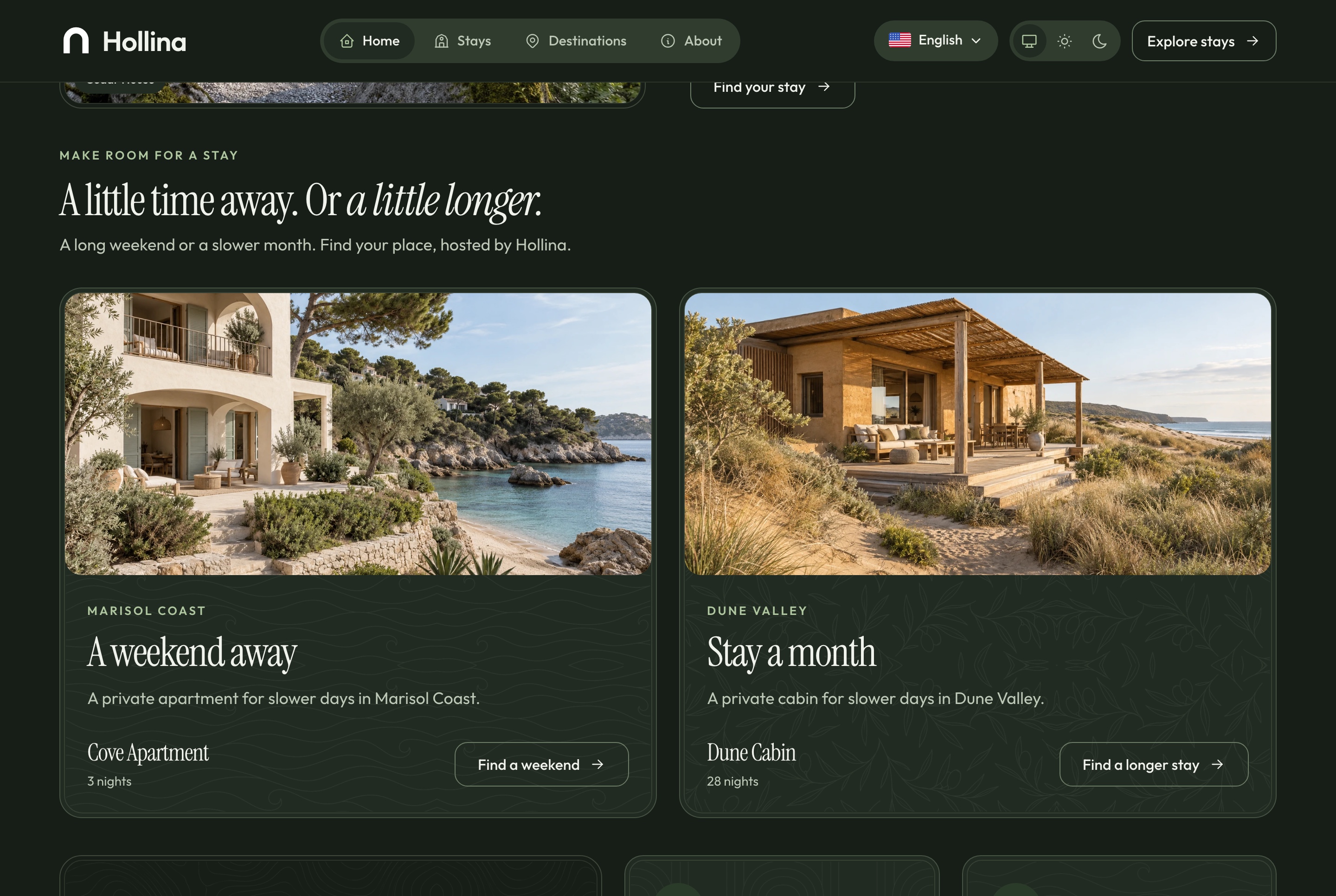 Home: two ways to stay and why book direct, dark theme