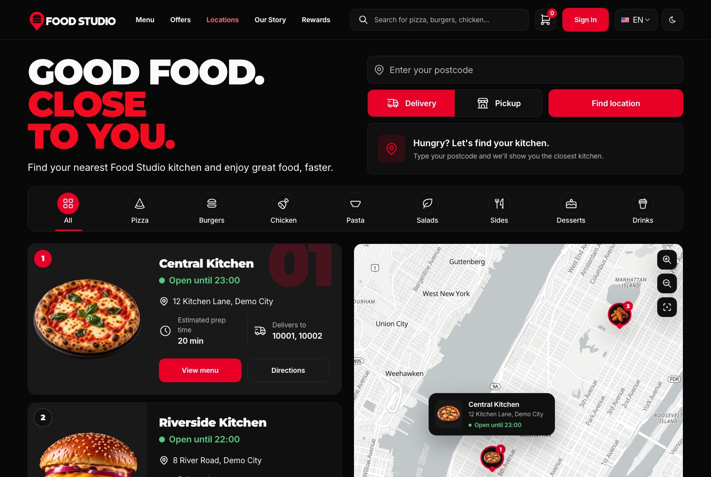 Kitchens on a real map, with a postcode search, dark theme