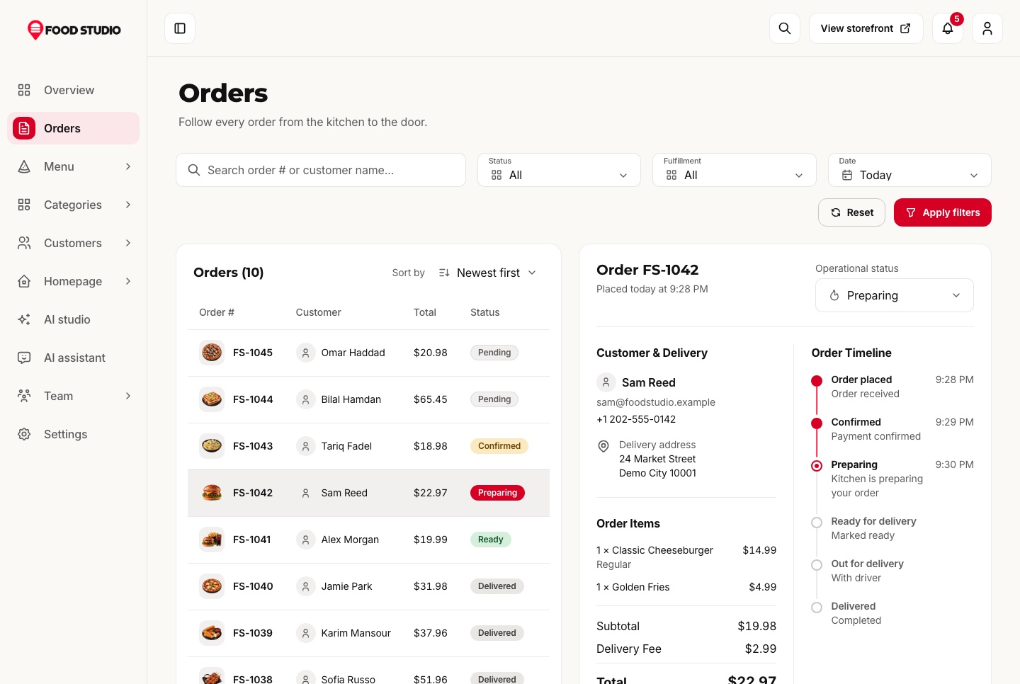 Orders with the timeline of the selected order, light theme