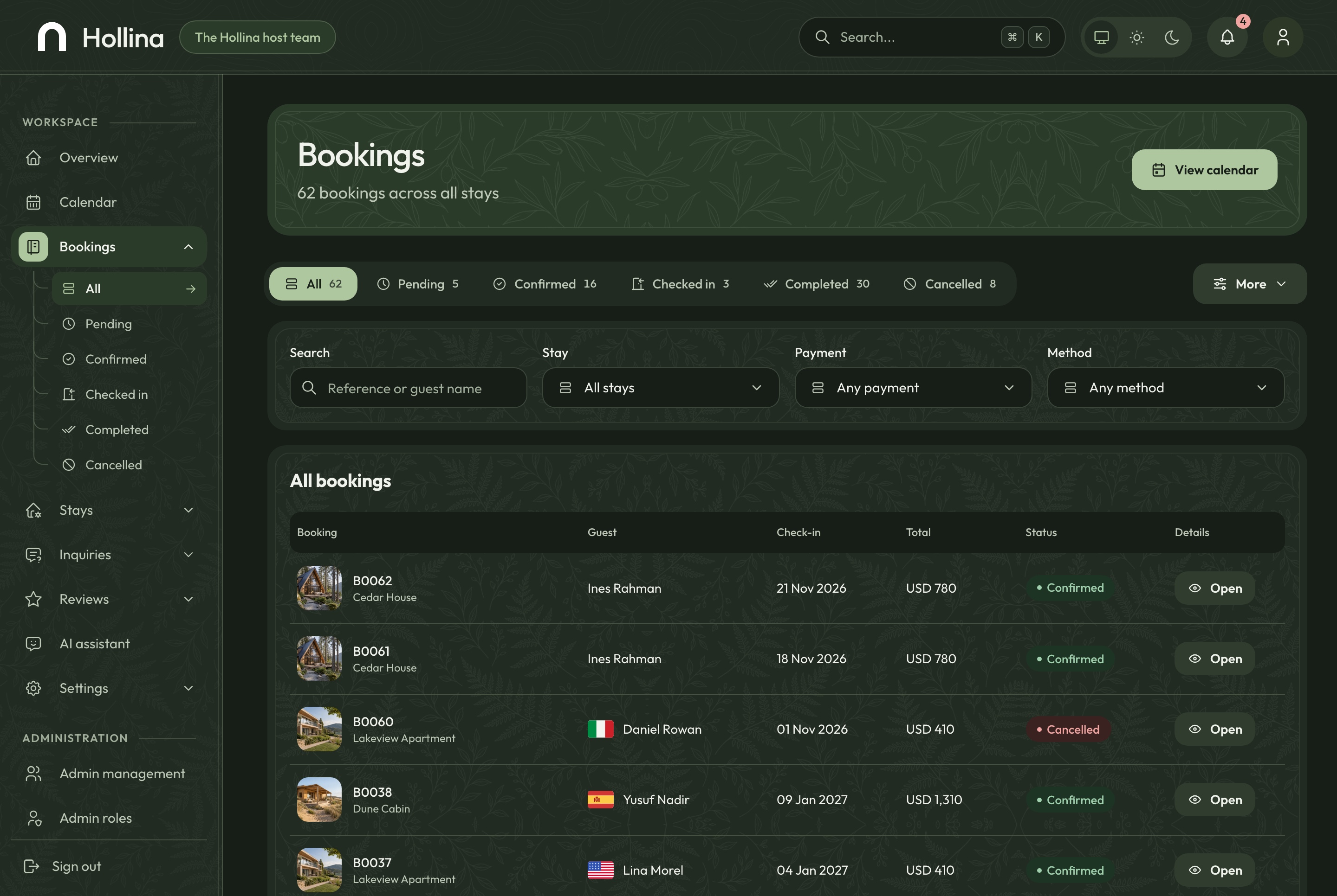 Bookings, dark theme