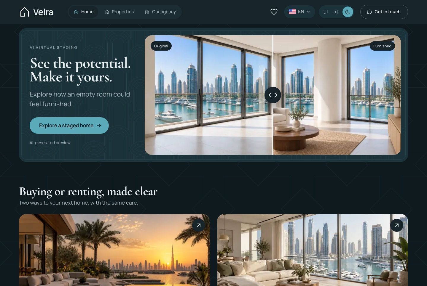 Home: virtual staging preview, buying or renting, dark theme