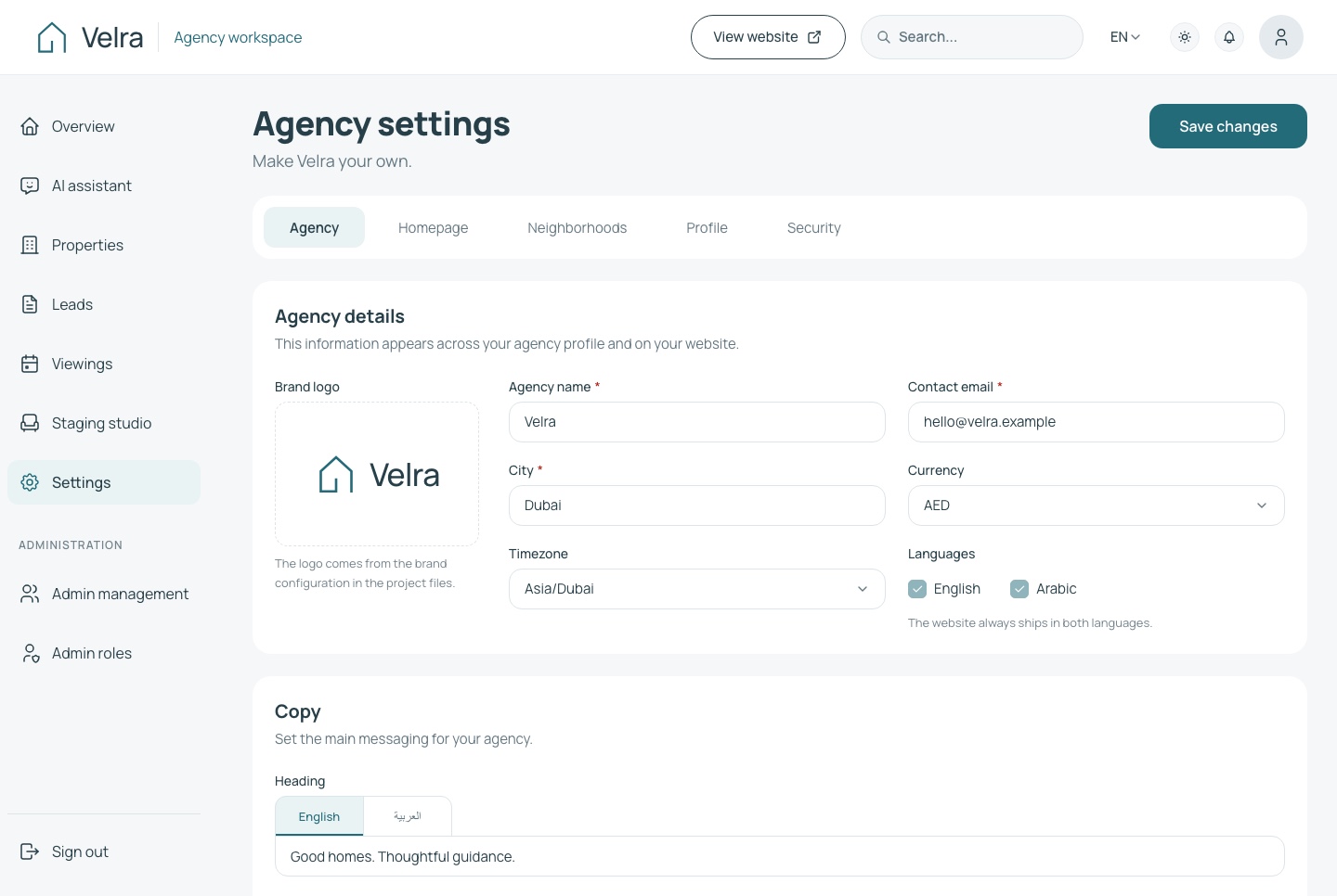 Settings, light theme