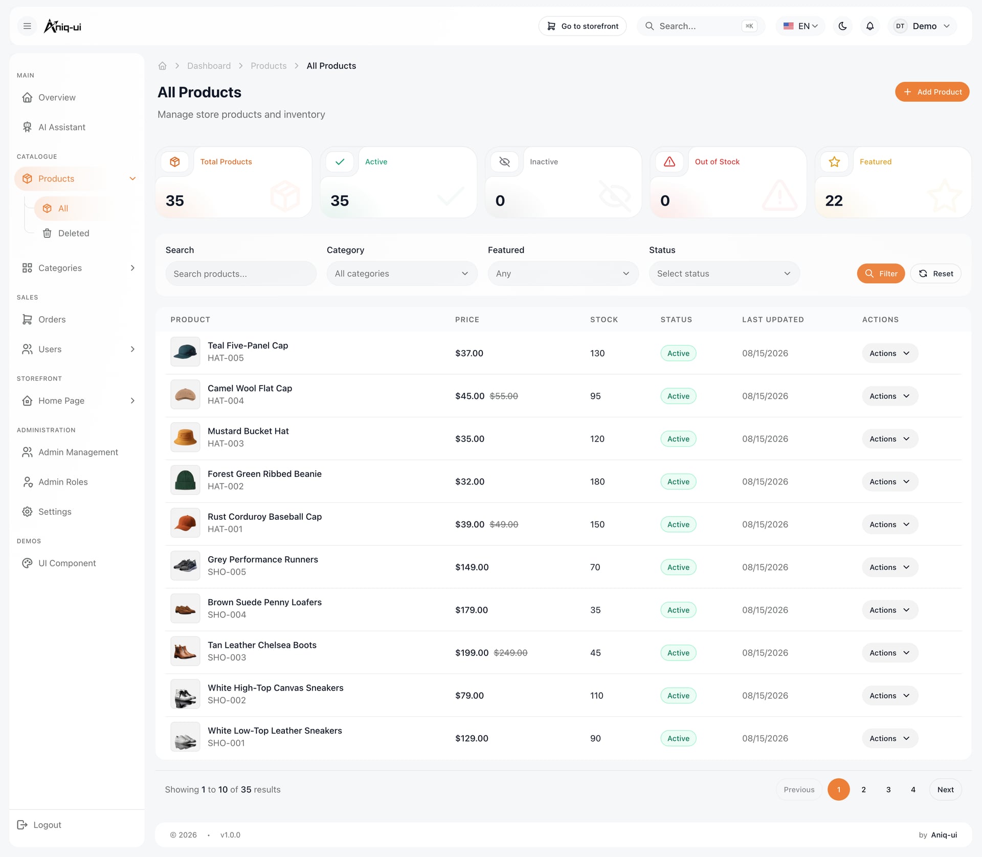 The same product management table in light mode